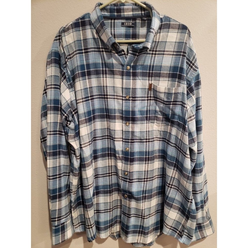 Men's XXL IZOD long sleeve flannel shirt: Blue & White plaidā